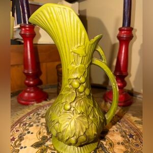 Vintage USA Pottery Pitcher Vase Green Mid-Century Grapes & Leaves 9"
